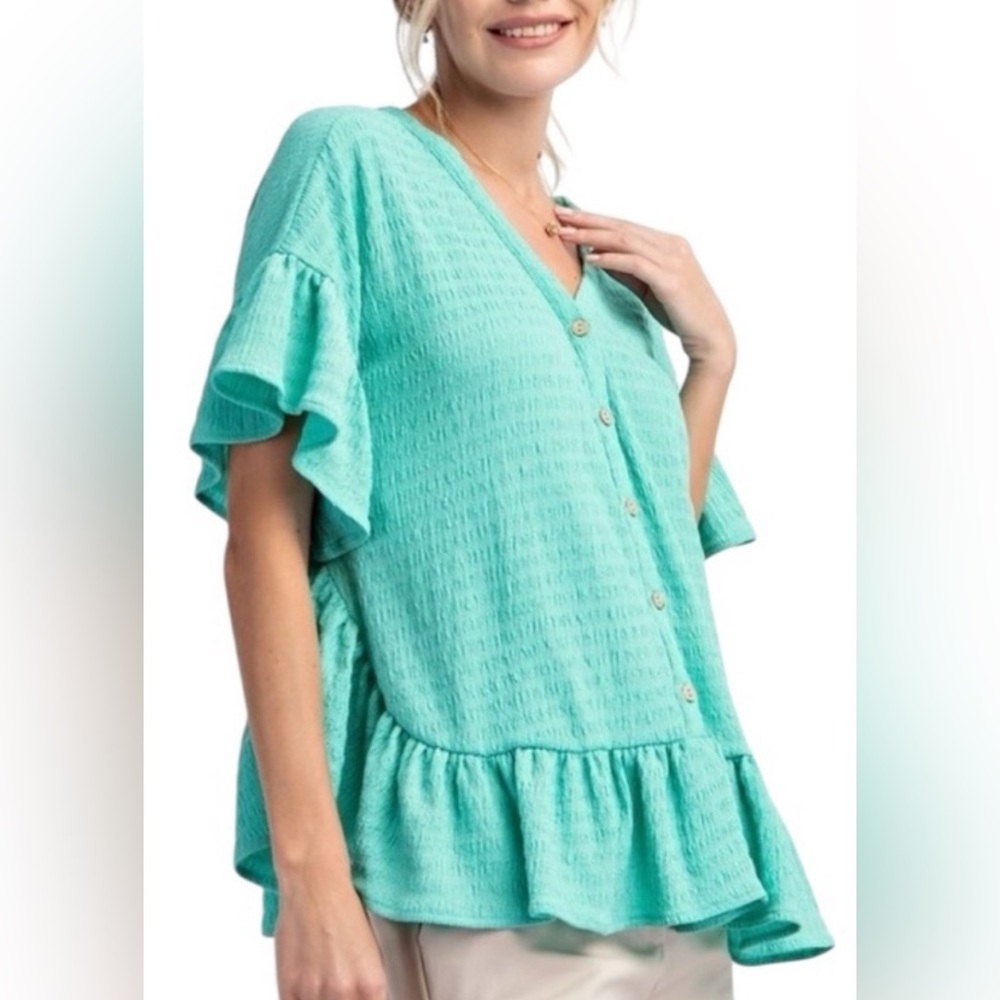 NWT Easel Atlantis Green wing sleeves textured knit top Size Small